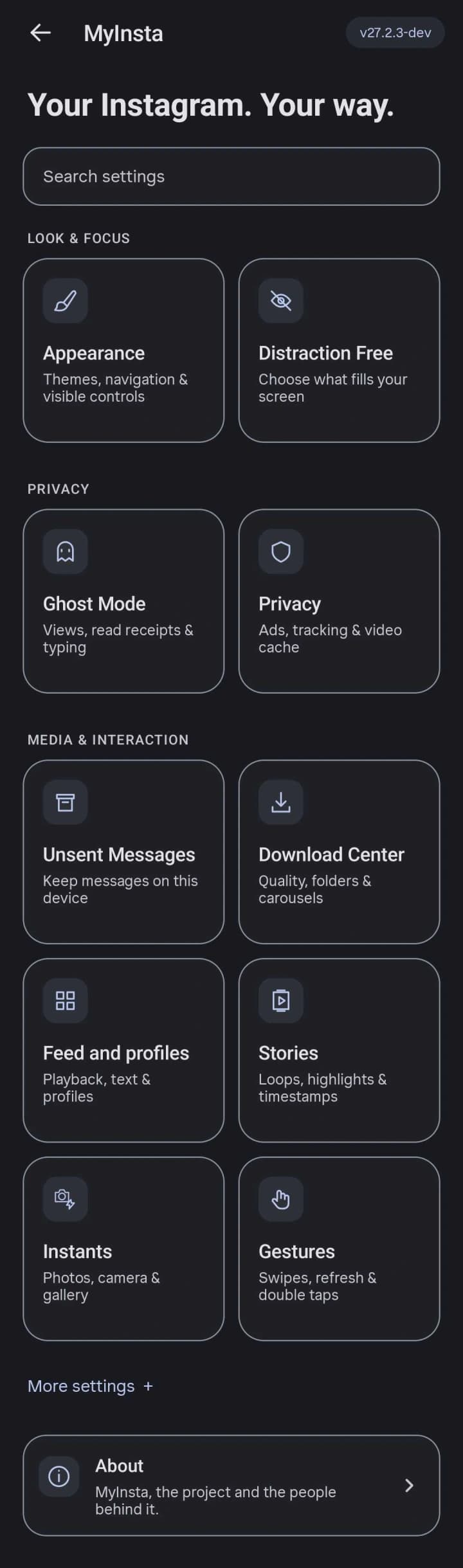 MyInsta settings overview with controls for the feed, interface, and messaging